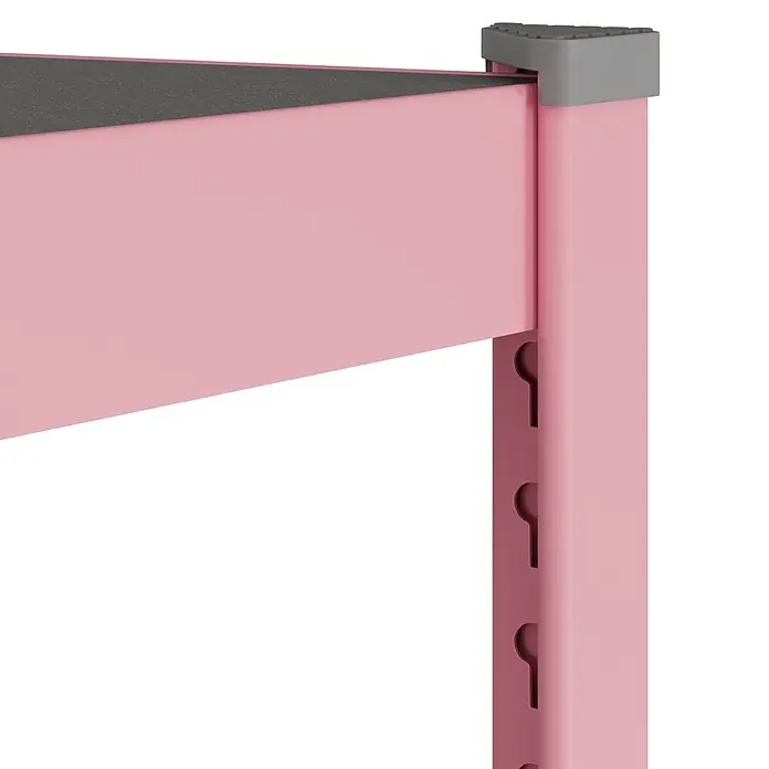 Metallregal - H x B x T: 180 x 100 x 45 cm, Traglast pro Boden: 200 kg, Anzahl Böden: 5 Stk., Stecken, Pink - Nahaufnahme eines pinkfarbenen Metallregals mit dunkelgrauer Ablagefläche und grauer Eckkappe. Die Standsäule hat Einstellschlitze.