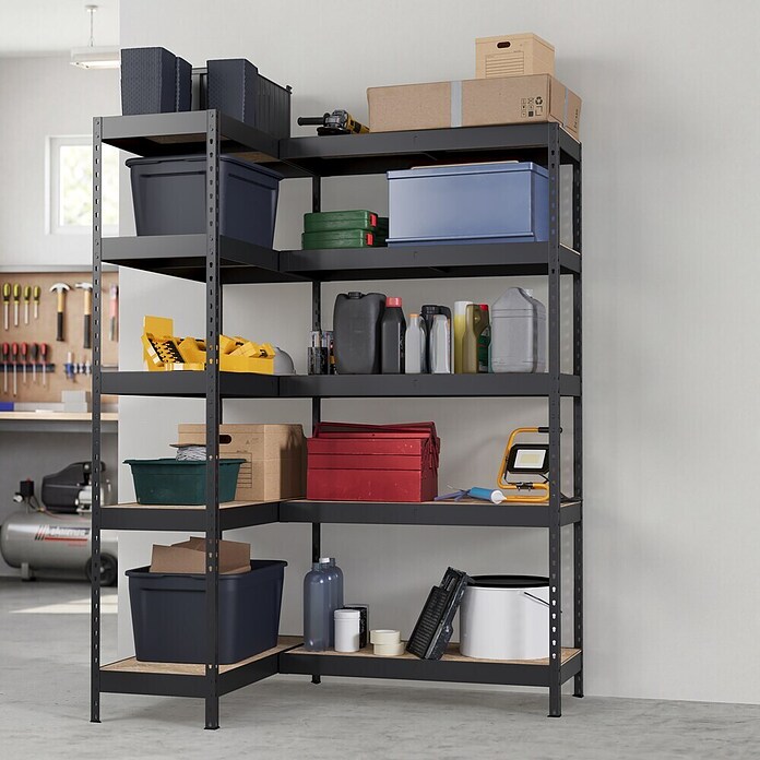 Regalux Eckregal (H x B x T: 180 x 131 x 40 cm, Traglast pro Boden: 210 kg, Anzahl Böden: 10 Stk., Stecken, Schwarz) | BAUHAUS