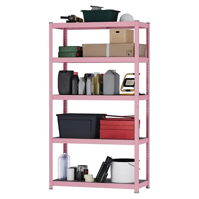 Metallregal - H x B x T: 180 x 100 x 45 cm, Traglast pro Boden: 200 kg, Anzahl Böden: 5 Stk., Stecken, Pink - Rosa Metallregal mit fünf Ablagen, beladen mit Werkzeugen, Kisten, Flüssigkeiten und Aufbewahrungsbehältern.