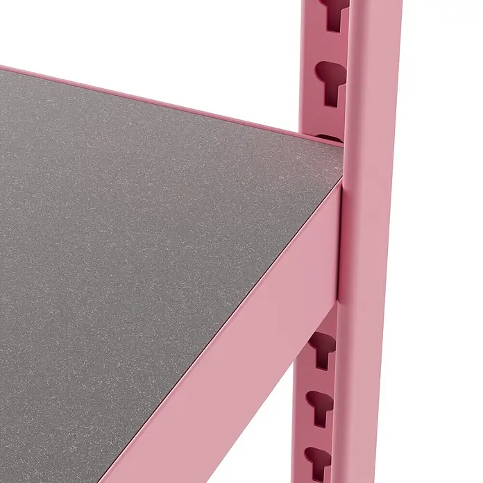 Metallregal - H x B x T: 180 x 100 x 45 cm, Traglast pro Boden: 200 kg, Anzahl Böden: 5 Stk., Stecken, Pink - Nahaufnahme eines pinken Metallregals mit einer grauen gesprenkelten Ablage.