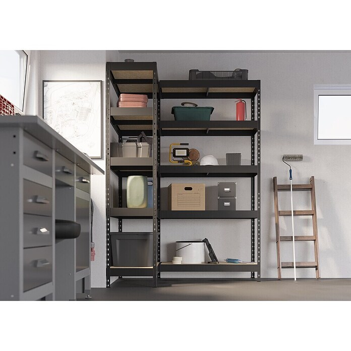 Regalux Eckregal (H x B x T: 180 x 131 x 40 cm, Traglast pro Boden: 210 kg, Anzahl Böden: 10 Stk., Stecken, Schwarz) | BAUHAUS