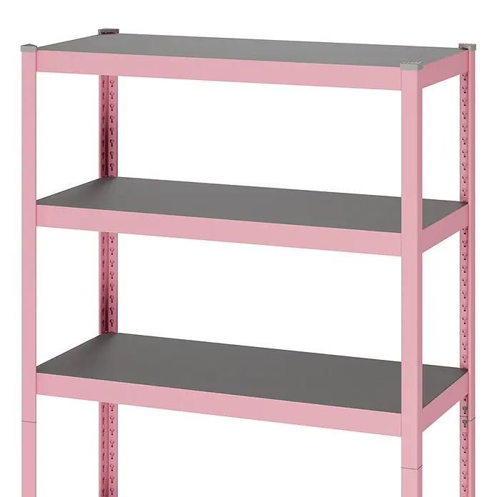 Metallregal - H x B x T: 180 x 100 x 45 cm, Traglast pro Boden: 200 kg, Anzahl Böden: 5 Stk., Stecken, Pink - Vierstöckiges Regal aus rosa und grauem Metall.