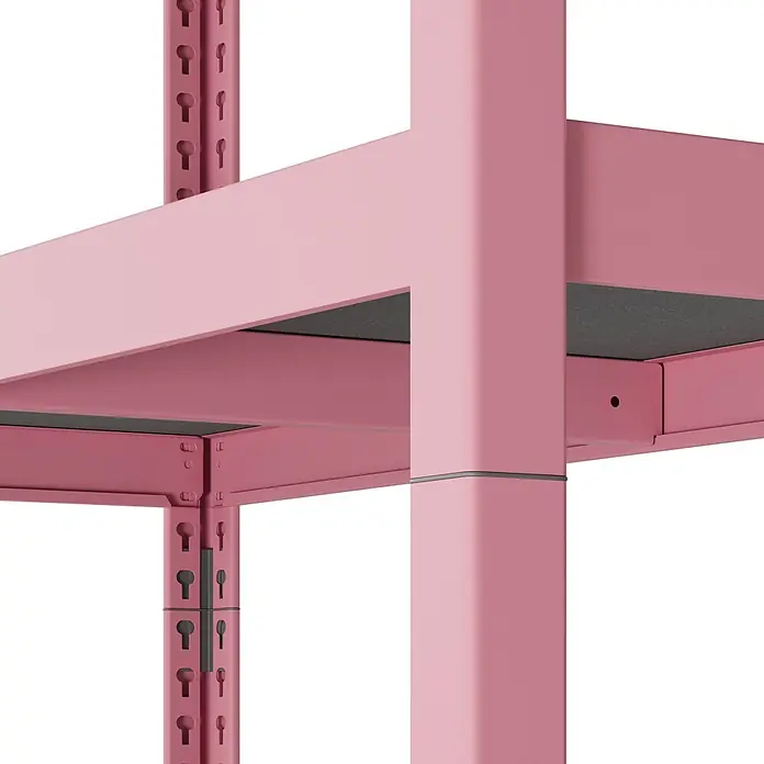 Metallregal - H x B x T: 180 x 100 x 45 cm, Traglast pro Boden: 200 kg, Anzahl Böden: 5 Stk., Stecken, Pink - Rosa Metallregal mit dunkelgrauen Einlegeböden, Eckmontage.