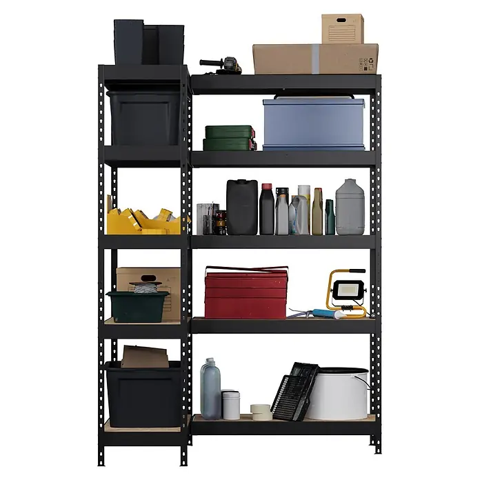 Regalux Eckregal - H x B x T: 180 x 131 x 40 cm, Traglast pro Boden: 210 kg, Anzahl Böden: 10 Stk., Stecken, Schwarz - Schwarzes Metallregal mit fünf Regalböden, zur Organisation von Werkzeugen, Behältern und Zubehör für Garage oder Werkstatt.