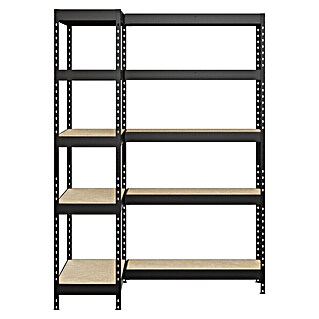 Regalux Eckregal (H x B x T: 180 x 131 x 40 cm, Traglast pro Boden: 210 kg, Anzahl Böden: 10 Stk., Stecken, Schwarz)
