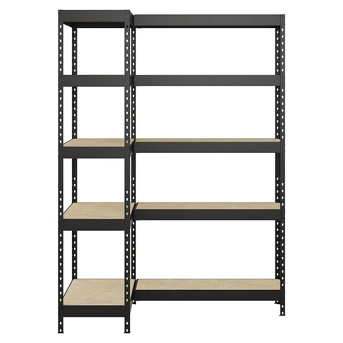 Regalux Eckregal - H x B x T: 180 x 131 x 40 cm, Traglast pro Boden: 210 kg, Anzahl Böden: 10 Stk., Stecken, Schwarz - Dunkelgraues Metallregal mit hellen Holzablagen zur Aufbewahrung.