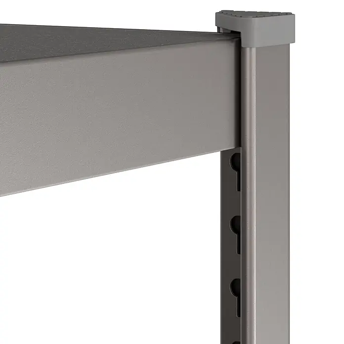 Metallregal - H x B x T: 180 x 100 x 45 cm, Traglast pro Boden: 200 kg, Anzahl Böden: 5 Stk., Stecken, Graphit - Nahaufnahme einer grauen Metallregalecke mit Regalträger, Stützpfosten und einer Schutzkappe.