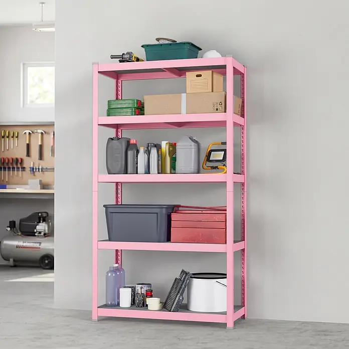 Metallregal - H x B x T: 180 x 100 x 45 cm, Traglast pro Boden: 200 kg, Anzahl Böden: 5 Stk., Stecken, Pink - Rosa fünffaches Metallregal mit Werkstattartikeln gefüllt.