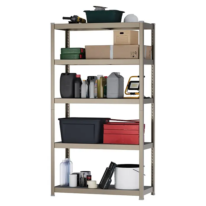 Metallregal - H x B x T: 180 x 100 x 45 cm, Traglast pro Boden: 200 kg, Anzahl Böden: 5 Stk., Stecken, Kupfer - Ein beiges Metallregal mit fünf Ablagen, gefüllt mit Werkzeugen, Kisten und Flüssigkeiten.