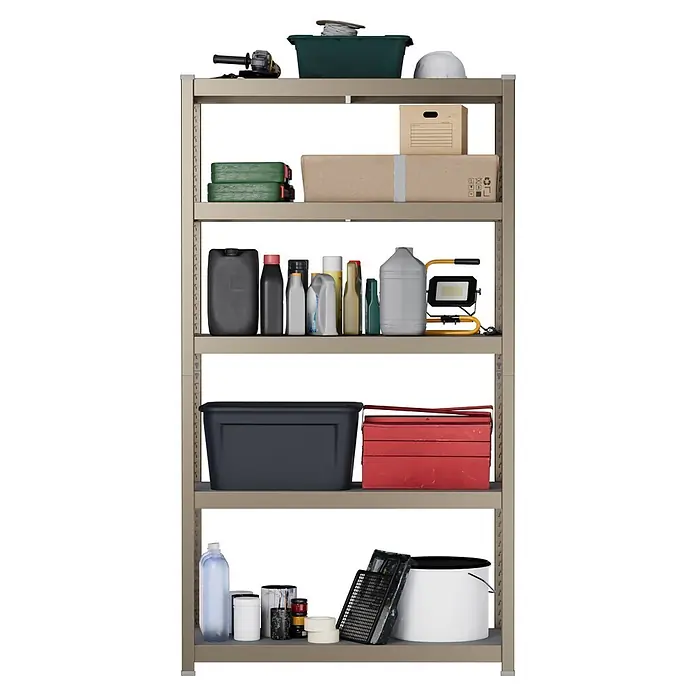 Metallregal - H x B x T: 180 x 100 x 45 cm, Traglast pro Boden: 200 kg, Anzahl Böden: 5 Stk., Stecken, Kupfer - Metallregal mit Werkzeugen, Flüssigkeiten und Aufbewahrungsgegenständen.