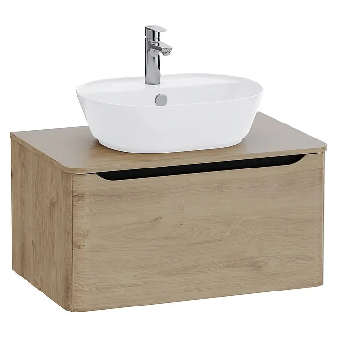 VitrA Integra Round Waschtischunterschrank Integra Round - B x T x H: 76,5 x 52 x 42 cm, Eiche Gold - Badezimmermöbel aus hellem Holz mit weißem Keramikwaschbecken und Chromarmatur.