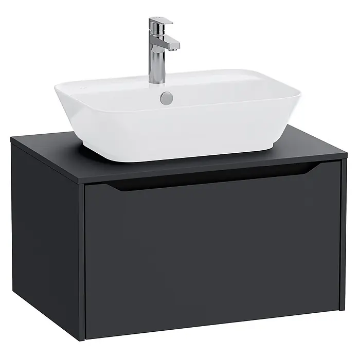 VitrA Integra Square Waschtischunterschrank Integra Square - B x T x H: 80 x 52 x 42 cm, Graphit - Dunkelgrauer Badunterschrank mit weißem Aufsatzwaschbecken und Chromarmatur.