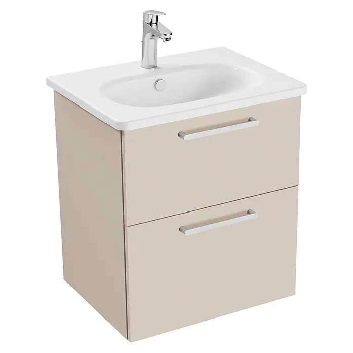 VitrA Badmöbel-Set Root Flat - Gesamtbreite Badmöbel: 60 cm, Sahara Beige, Hochglänzend - Heller beiger Badunterschrank mit weißem Waschbecken, Chromarmatur und zwei Schubladen mit Chromgriffen.