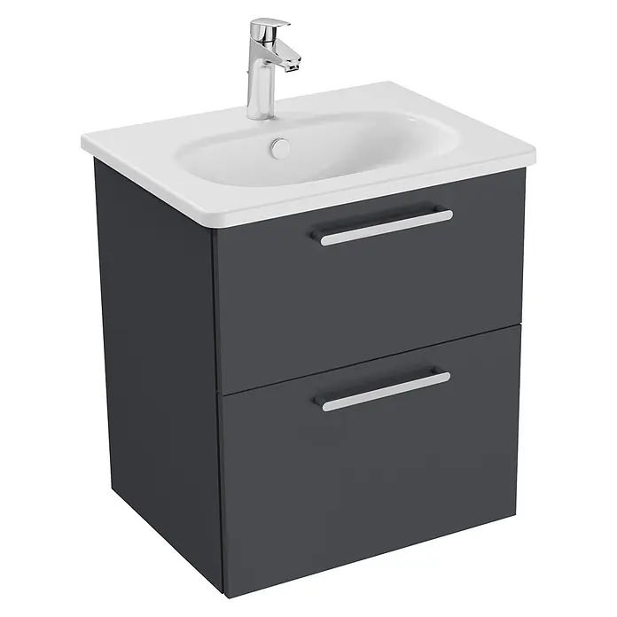 VitrA Badmöbel-Set Root Flat - B x T x H: 60 cm x 45 cm x 65 mm, Anthrazit, Hochglänzend - Dunkelgrauer Badunterschrank mit zwei Schubladen, weißem Keramikwaschbecken und Chromarmatur.