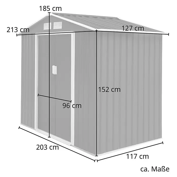 HATTORO Gerätehaus - Außenbreite inkl. Dachüberstand: 213 cm, Außentiefe inkl. Dachüberstand: 127 cm, Stahl, Anthrazit - Graues Metall-Gartenhaus mit Giebeldach und Tür, mit verschiedenen Maßen.
