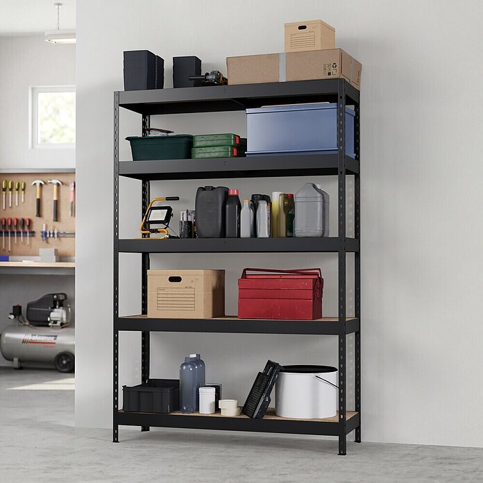 Regalux Metalen stellingkast Rivet Atlas (H x B x D: 180 x 120 x 40 cm, Draagvermogen per legbord: 230 kg, Aantal legborden: 5 st., Insteken, Grafietgrijs) | BAUHAUS