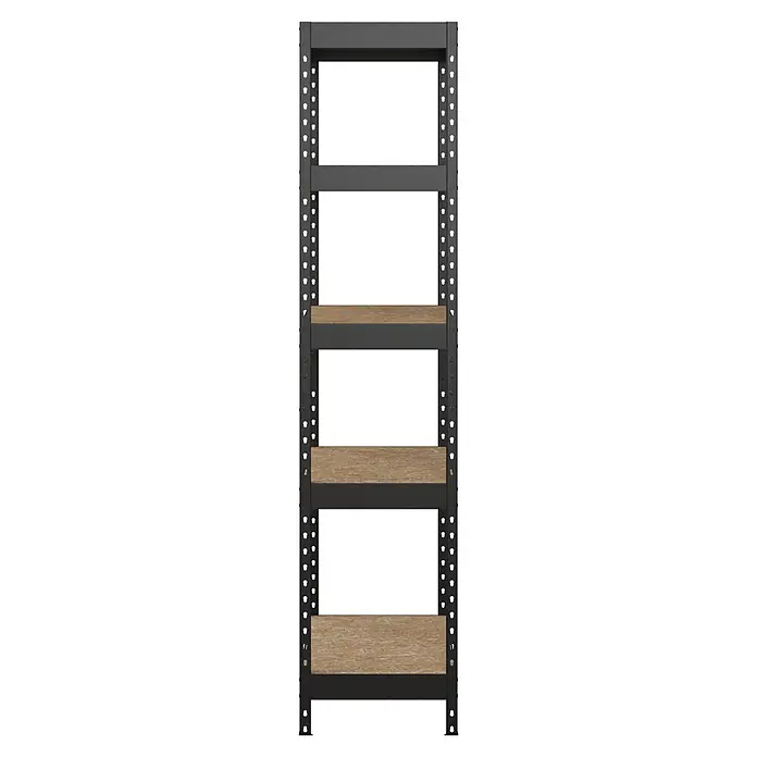 Regalux Metallregal Rivet Atlas - H x B x T: 180 x 90 x 40 cm, Traglast pro Boden: 230 kg, Anzahl Böden: 5 Stk., Stecken, Schwarz - Dunkelgraues Metallregal mit fünf hellbraunen Holzablagen zur Aufbewahrung.