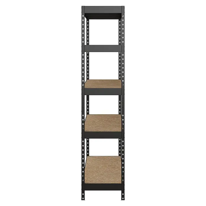 Regalux Metallregal Rivet Atlas - H x B x T: 180 x 160 x 40 cm, Traglast pro Boden: 250 kg, Anzahl Böden: 5 Stk., Stecken, Schwarz - Verstellbares dunkelgraues Metallregal mit drei hellbraunen Holzablagen.