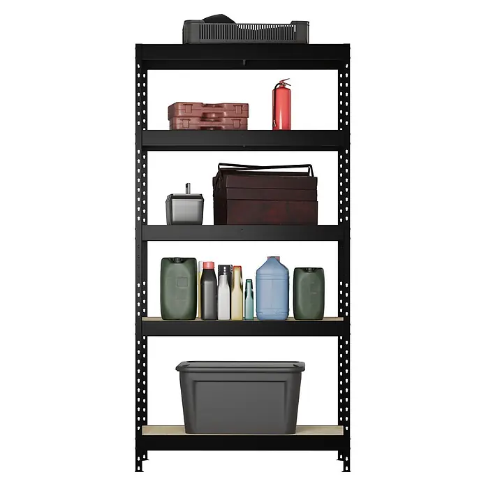 Regalux Metallregal Rivet Atlas - H x B x T: 180 x 90 x 40 cm, Traglast pro Boden: 230 kg, Anzahl Böden: 5 Stk., Stecken, Schwarz - Schwarzes Metallregal mit hellen Holzablagen, bestückt mit verschiedenen Lagerboxen, Behältern und Werkzeugen.