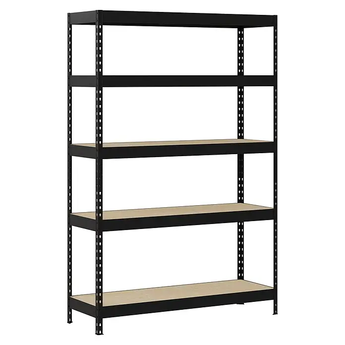Regalux Metallregal Rivet Atlas - H x B x T: 180 x 120 x 40 cm, Traglast pro Boden: 230 kg, Anzahl Böden: 5 Stk., Stecken, Schwarz - Fünfstöckiges schwarzes Metallregal mit hellbraunen Holzregalböden.