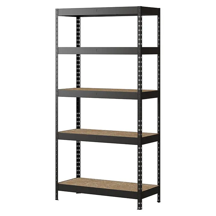 Regalux Metallregal Rivet Atlas - H x B x T: 180 x 90 x 40 cm, Traglast pro Boden: 230 kg, Anzahl Böden: 5 Stk., Stecken, Schwarz - Dunkelgraues Metallregal mit fünf Holzböden.