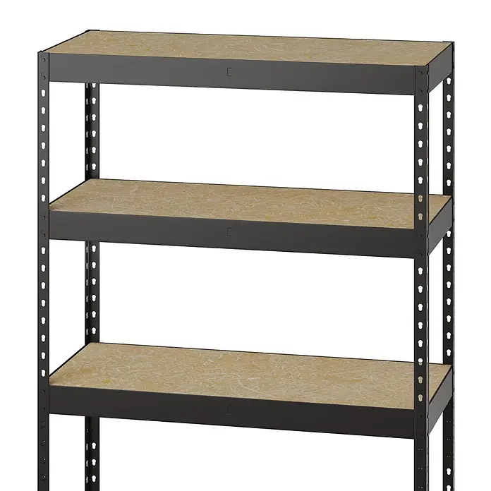Regalux Metallregal Rivet Atlas - H x B x T: 180 x 90 x 40 cm, Traglast pro Boden: 230 kg, Anzahl Böden: 5 Stk., Stecken, Schwarz - Dreistufiges Schwerlast-Metallregal mit dunkelgrauem Rahmen und hellbraunen OSB-Böden.