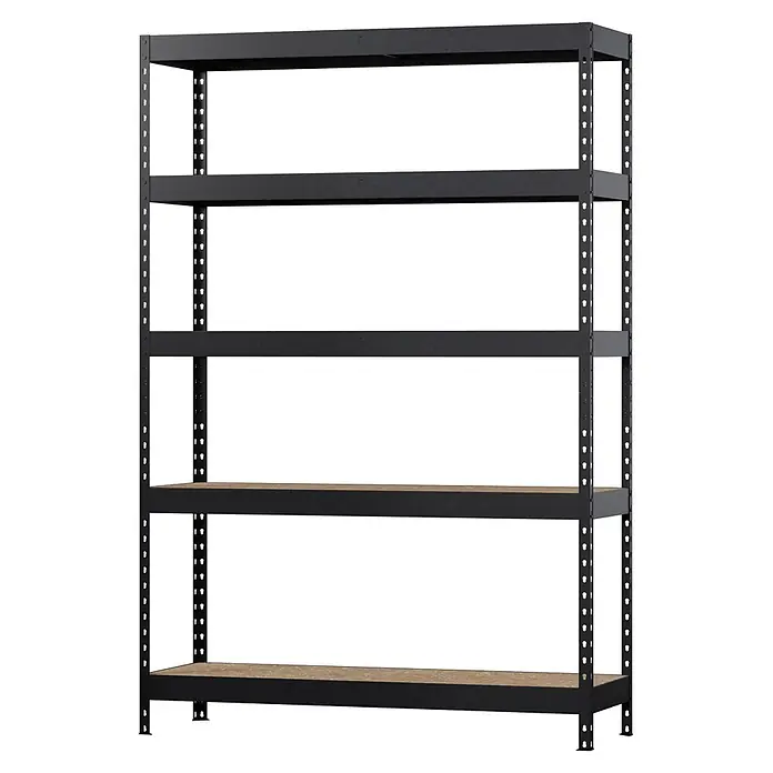 Regalux Metallregal Rivet Atlas - H x B x T: 180 x 120 x 40 cm, Traglast pro Boden: 230 kg, Anzahl Böden: 5 Stk., Stecken, Schwarz - Fünfstöckiges schwarzes Metallregal mit Holzbrettern für Schwerlastlagerung.