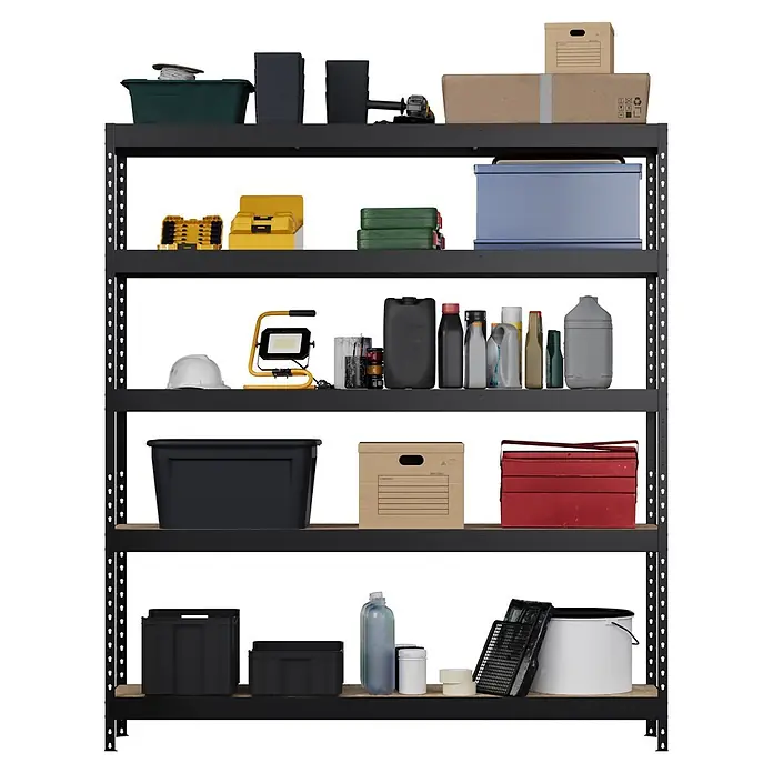 Regalux Metallregal Rivet Atlas - H x B x T: 180 x 160 x 40 cm, Traglast pro Boden: 250 kg, Anzahl Böden: 5 Stk., Stecken, Schwarz - Ein schwarzes Metallregal mit vier Holzböden, das verschiedene Werkzeuge, Behälter und Flüssigkeiten lagert.