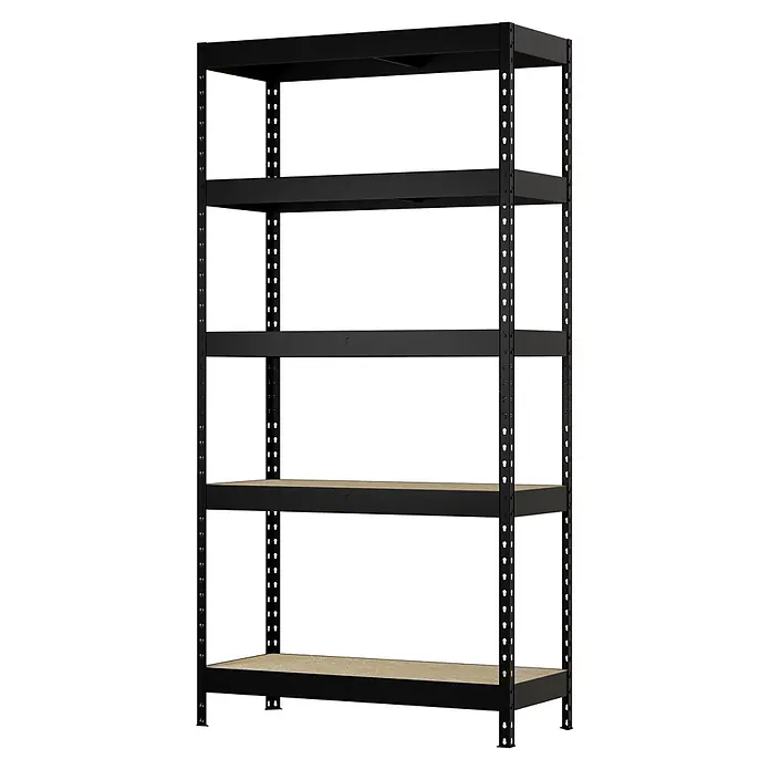 Regalux Metallregal Rivet Atlas - H x B x T: 180 x 90 x 40 cm, Traglast pro Boden: 230 kg, Anzahl Böden: 5 Stk., Stecken, Schwarz - Stabiles, 5-bödiges schwarzes Metallregal mit einer Holzmaserung auf der untersten Ablage für vielseitige Organisation.