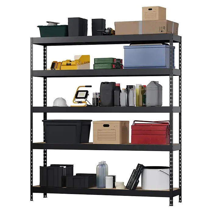 Regalux Estantería metálica Atlas - Al x An x Pr: 180 x 160 x 40 cm, Capacidad de carga por balda: 250 kg, Número de baldas: 5 ud., Inserción, Negro/OSB - Estantería de metal negro con cinco estantes de madera, mostrando artículos de garaje: herramientas, cajas y líquidos.