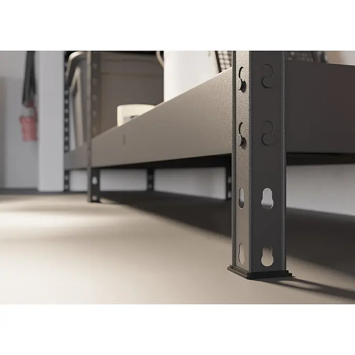 Regalux Metallregal Rivet Atlas - H x B x T: 180 x 180 x 40 cm, Traglast pro Boden: 230 kg, Anzahl Böden: 5 Stk., Stecken, Schwarz - Robustes dunkelgraues Metallregal, aus tiefer Perspektive in einem Lagerbereich gesehen.