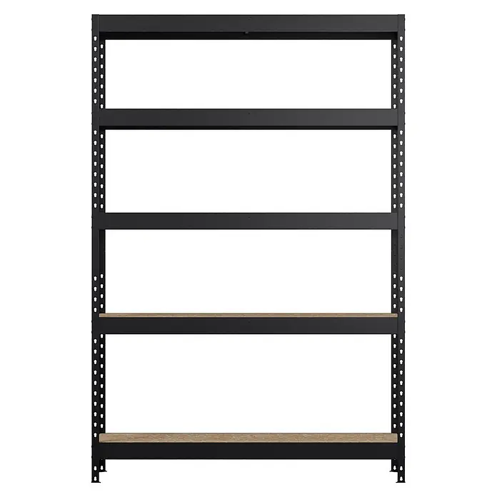 Regalux Metallregal Rivet Atlas - H x B x T: 180 x 120 x 40 cm, Traglast pro Boden: 230 kg, Anzahl Böden: 5 Stk., Stecken, Schwarz - Schwarzes Metallregal mit zwei Holzböden.