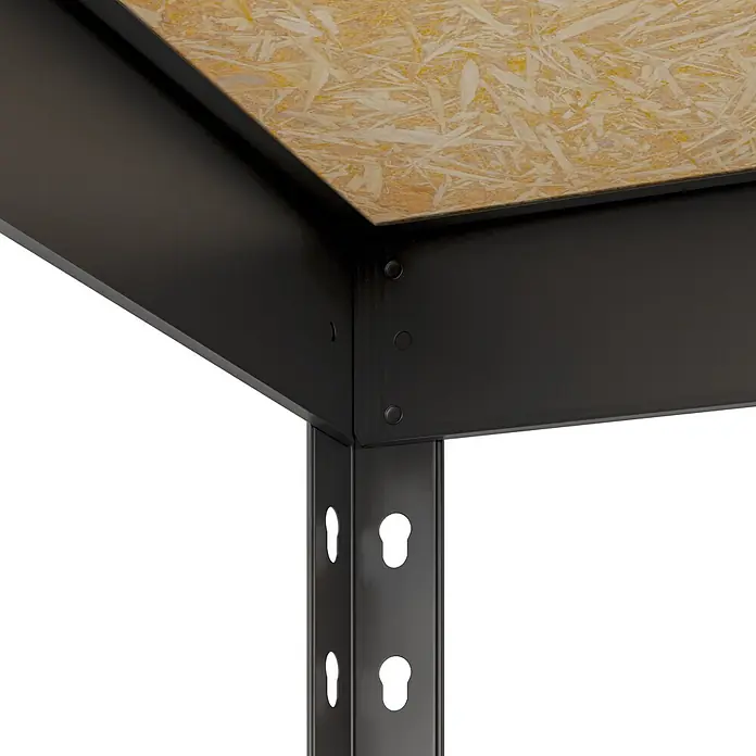 Regalux Metallregal Rivet Atlas - H x B x T: 180 x 180 x 40 cm, Traglast pro Boden: 230 kg, Anzahl Böden: 5 Stk., Stecken, Schwarz - Ecke eines schwarzen Metallregals mit OSB-Holzplatte.