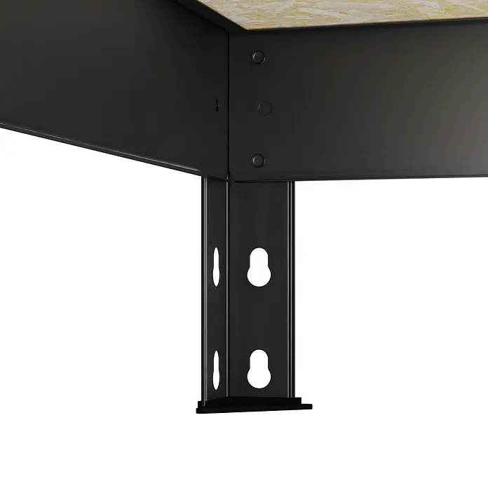 Regalux Metallregal Rivet Atlas - H x B x T: 180 x 180 x 40 cm, Traglast pro Boden: 230 kg, Anzahl Böden: 5 Stk., Stecken, Schwarz - Schwarzer Metallregalbein mit Schlüssellochschlitzen und einer hellen Spanplattenablage.
