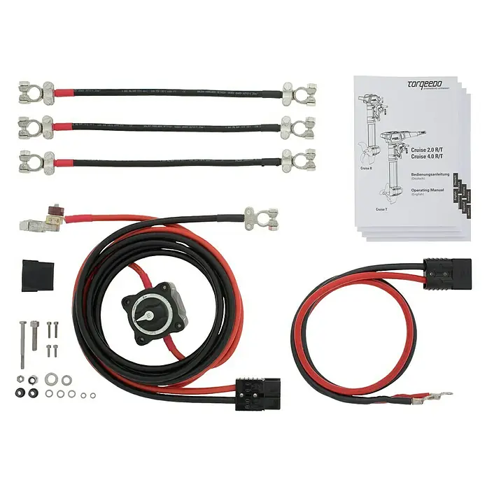 Torqeedo Elektro-Außenbordmotor Cruise 2.0 RS - 2 kW, Fernsteuerung, Schaftlänge: 625 mm - Das Bild zeigt ein Torqeedo Cruise 2.0/4.0 R/T Installationskit mit Kabeln, Schalter, Schrauben und einer Bedienungsanleitung.