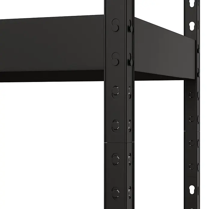 Regalux Metallregal Rivet Atlas - H x B x T: 180 x 180 x 40 cm, Traglast pro Boden: 230 kg, Anzahl Böden: 5 Stk., Stecken, Schwarz - Detail einer schwarzen Metallregaleinheit, mit Regalböden und perforierten Stützpfosten.