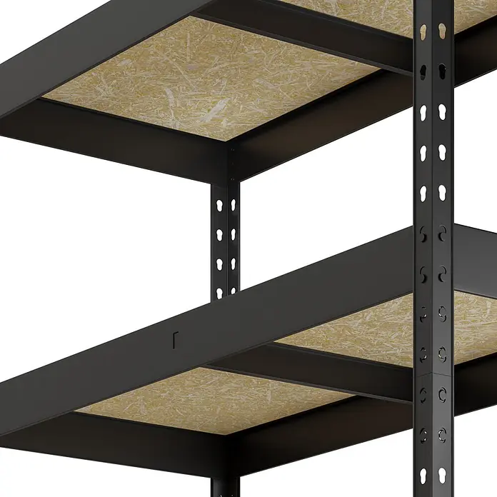 Regalux Metallregal Rivet Atlas - H x B x T: 180 x 90 x 40 cm, Traglast pro Boden: 230 kg, Anzahl Böden: 5 Stk., Stecken, Schwarz - Schwarzmetall-Regal mit hellbraunen Spanplattenböden, verstellbare Ebenen.