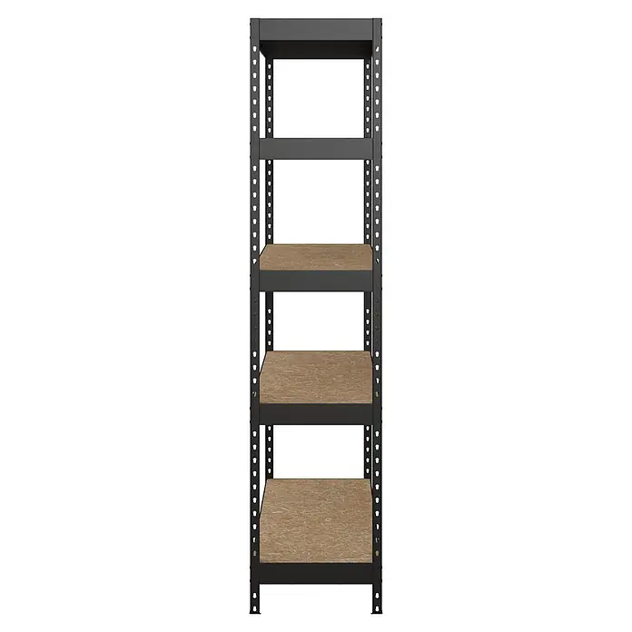 Regalux Estantería metálica Atlas - Al x An x Pr: 180 x 160 x 40 cm, Capacidad de carga por balda: 250 kg, Número de baldas: 5 ud., Inserción, Negro/OSB - Estantería metálica gris oscuro con cuatro estantes de madera marrón claro para almacenamiento.