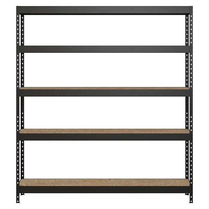 Regalux Estantería metálica Atlas - Al x An x Pr: 180 x 160 x 40 cm, Capacidad de carga por balda: 250 kg, Número de baldas: 5 ud., Inserción, Negro/OSB - Estantería de almacenamiento resistente de cinco niveles con marco de metal gris oscuro y estantes de madera clara.