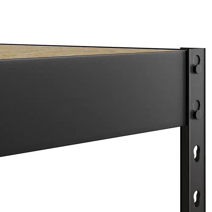 Regalux Metallregal Rivet Atlas - H x B x T: 180 x 180 x 40 cm, Traglast pro Boden: 230 kg, Anzahl Böden: 5 Stk., Stecken, Schwarz - Dunkelgraues Metallregalgestell mit heller Holzablage, mit Schlüsselloch-Bolzenverbindungen.