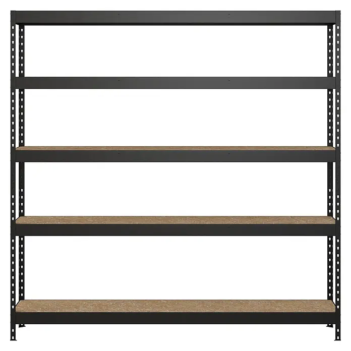 Regalux Metallregal Rivet Atlas - H x B x T: 180 x 180 x 40 cm, Traglast pro Boden: 230 kg, Anzahl Böden: 5 Stk., Stecken, Schwarz - Schwarzes Metallregal mit fünf hellen Holzablagen.