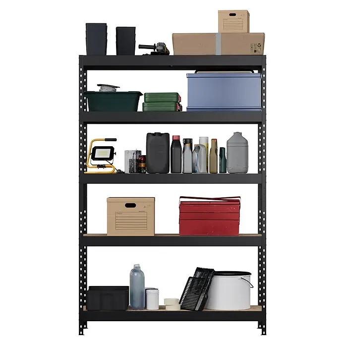 Regalux Metallregal Rivet Atlas - H x B x T: 180 x 120 x 40 cm, Traglast pro Boden: 230 kg, Anzahl Böden: 5 Stk., Stecken, Schwarz - Schwarzes Metallregal mit 5 Ablagen, gefüllt mit Werkzeugen, Flüssigkeiten und Haushaltsgegenständen.