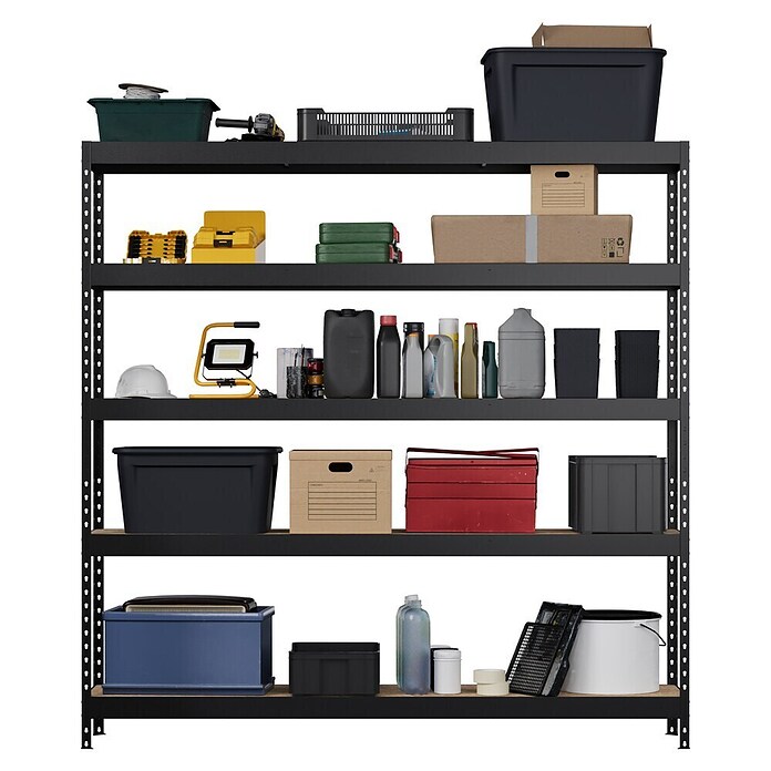 Regalux Metalen stellingkast Rivet Atlas (H x B x D: 180 x 180 x 40 cm, Draagvermogen per legbord: 230 kg, Aantal legborden: 5 st., Insteken, Zwart) | BAUHAUS