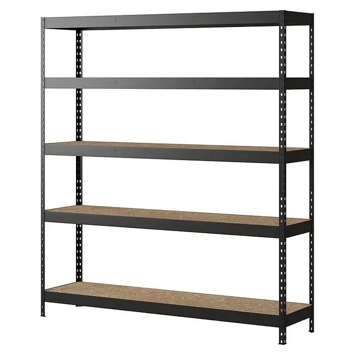 Regalux Metallregal Rivet Atlas - H x B x T: 180 x 160 x 40 cm, Traglast pro Boden: 250 kg, Anzahl Böden: 5 Stk., Stecken, Schwarz - Fünfstöckiges schwarzes Metallregal mit hellbraunen Holzablagen.