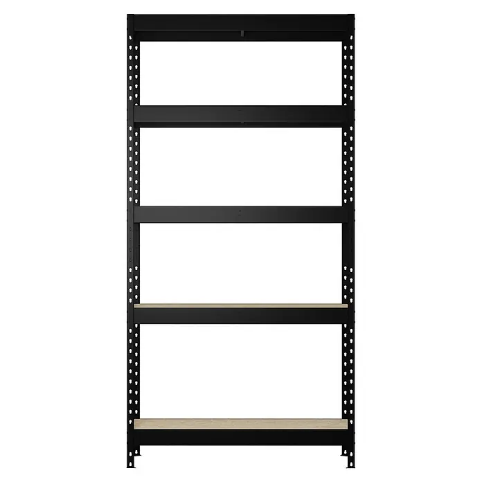 Regalux Estantería metálica Atlas - Al x An x Pr: 180 x 90 x 40 cm, Capacidad de carga por balda: 230 kg, Número de baldas: 5 ud., Inserción, Negro/OSB - Estantería de metal negro con cinco estantes, incluyendo dos de madera clara, para almacenamiento ajustable.