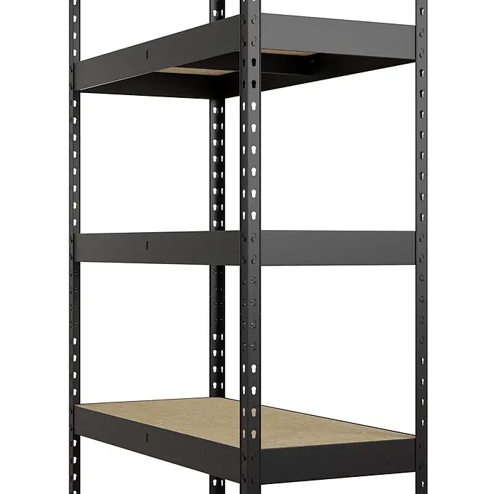 Regalux Metallregal Rivet Atlas - H x B x T: 180 x 90 x 40 cm, Traglast pro Boden: 230 kg, Anzahl Böden: 5 Stk., Stecken, Schwarz - Schwarzes Metallregal mit Holzregalböden, schräg von vorne gesehen.