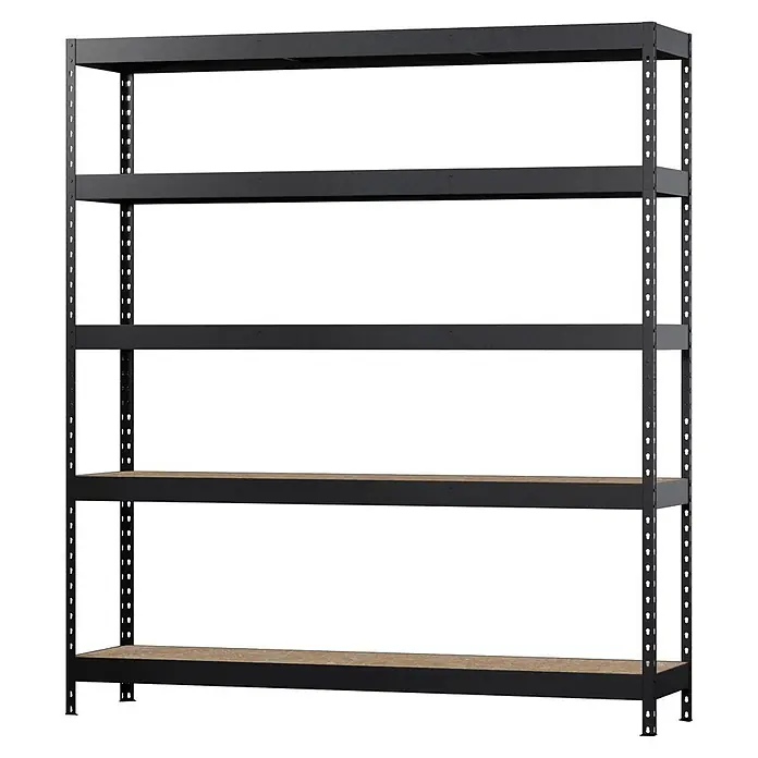 Regalux Estantería metálica Atlas - Al x An x Pr: 180 x 160 x 40 cm, Capacidad de carga por balda: 250 kg, Número de baldas: 5 ud., Inserción, Negro/OSB - Estantería metálica negra de cinco niveles con estantes mixtos de metal y madera.