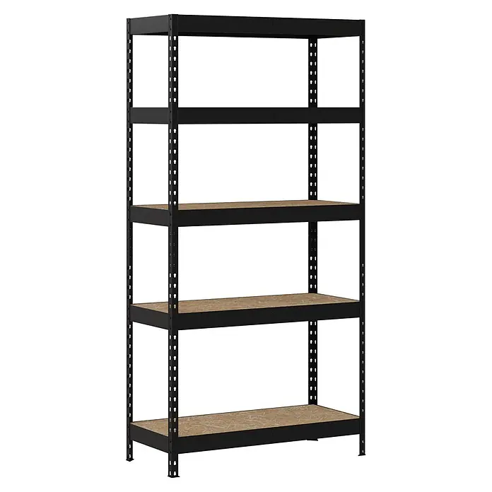 Regalux Metallregal Rivet Atlas - H x B x T: 180 x 90 x 40 cm, Traglast pro Boden: 230 kg, Anzahl Böden: 5 Stk., Stecken, Schwarz - Schwarzes Metallregal mit fünf Holzablagen zur Aufbewahrung.