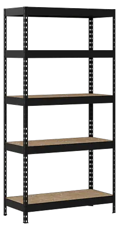 Regalux Metallregal Rivet Atlas Schwarzes Metallregal mit fünf Holzablagen zur Aufbewahrung.