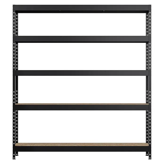 Regalux Estantería metálica Atlas - Al x An x Pr: 180 x 160 x 40 cm, Capacidad de carga por balda: 250 kg, Número de baldas: 5 ud., Inserción, Negro/OSB - Estantería metálica negra con cinco estantes de madera clara.